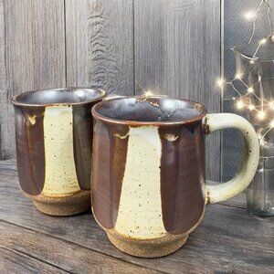 Vintage Hand Made Pottery Coffee Mug Cup Brown Drip Glaze Hand Crafted Mugs Set2